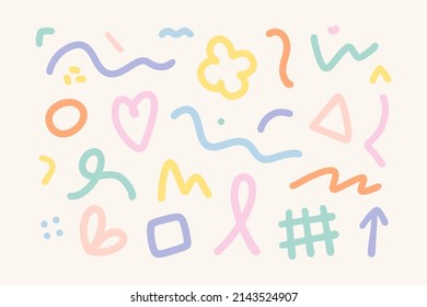 Colorful set of various hand drawn abstract shapes, strokes and doodles. Childish cute drawing. Modern design elements. Vector texture. 
