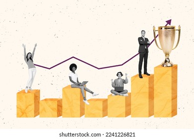 Creative photo 3d collage artwork poster postcard picture of young people go career way ladder path isolated on painting background
