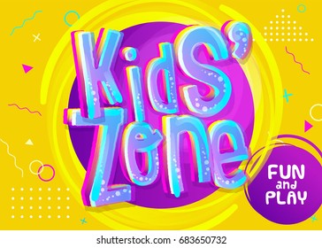 Kids Zone Vector Banner in Cartoon Style. Bright and Colorful Illustration for Children's Playroom Decoration. Funny Sign for Kids Game Room. Yellow Background with Childish Geometric Pattern.
