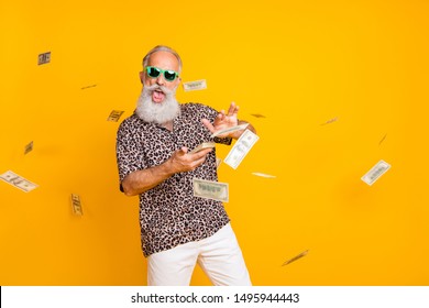 Portrait of crazy funny funky old long bearded man millionaire in eyewear eyeglasses waste money throw banknotes wear leopard shirt shorts isolated over yellow background